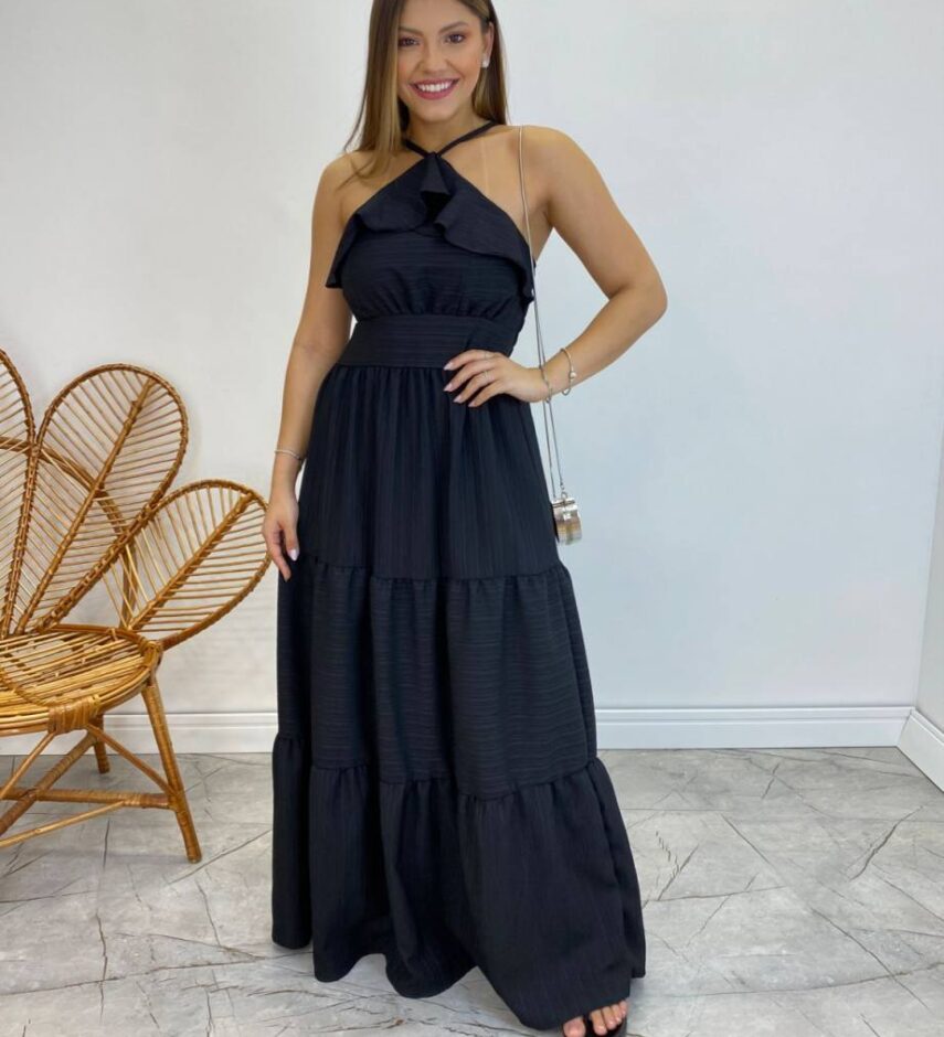 Vestido Longo Cecília Preto Alça Regulável com Bojo Detalhe de Babado - Fernanda Ramos Store