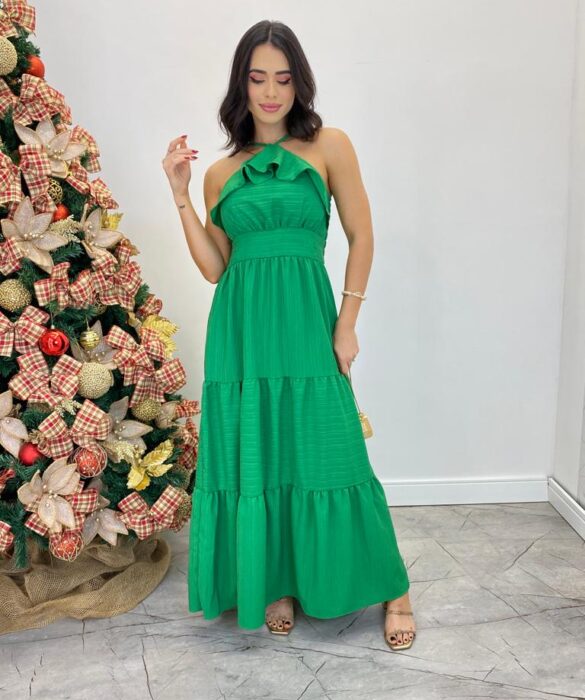 Vestido Longo Cecília Verde Alça Regulável com Bojo Detalhe de Babado - Fernanda Ramos Store