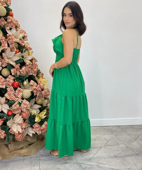 Vestido Longo Cecília Verde Alça Regulável com Bojo Detalhe de Babado - Fernanda Ramos Store