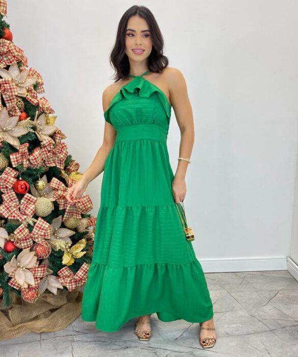 Vestido Longo Cecília Verde Alça Regulável com Bojo Detalhe de Babado - Fernanda Ramos Store