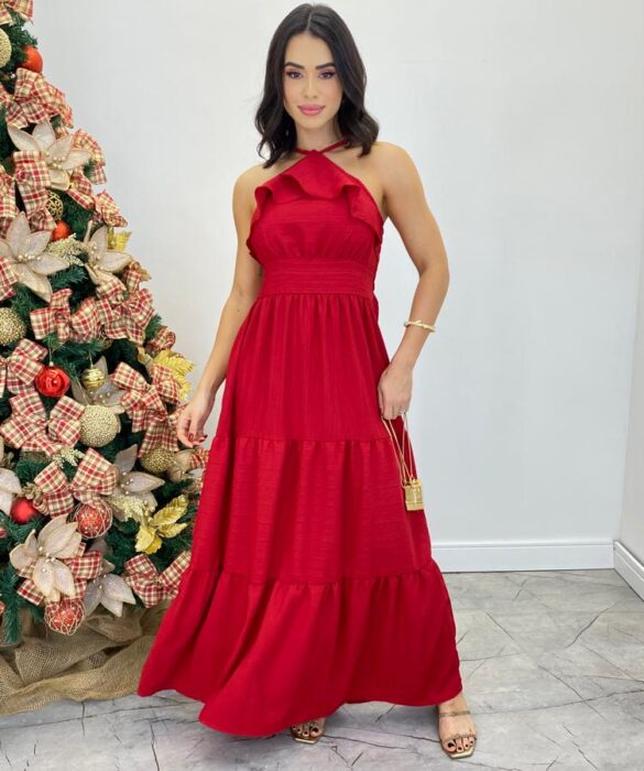 Vestido Longo Cecília Vermelho Alça Regulável com Bojo Detalhe de Babado - Fernanda Ramos Store