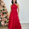 Vestido Longo Cecília Vermelho Alça Regulável com Bojo Detalhe de Babado - Fernanda Ramos Store