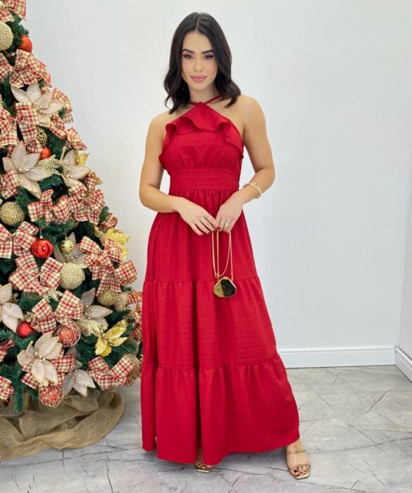 Vestido Longo Cecília Vermelho Alça Regulável com Bojo Detalhe de Babado - Fernanda Ramos Store