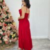 Vestido Longo Cecília Vermelho Alça Regulável com Bojo Detalhe de Babado - Fernanda Ramos Store