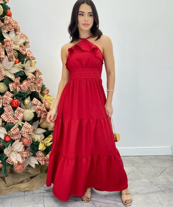 Vestido Longo Cecília Vermelho Alça Regulável com Bojo Detalhe de Babado - Fernanda Ramos Store