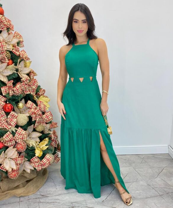 Vestido Longo Charlotte Frente Única com Bojo e Abertura Verde - Fernanda Ramos Store