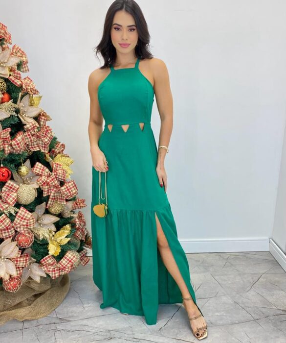 Vestido Longo Charlotte Frente Única com Bojo e Abertura Verde - Fernanda Ramos Store