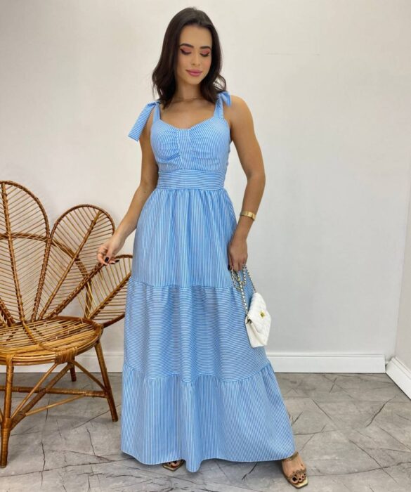 Vestido Longo com Bojo e Amarração nas Alças Listrado Azul - Fernanda Ramos Store