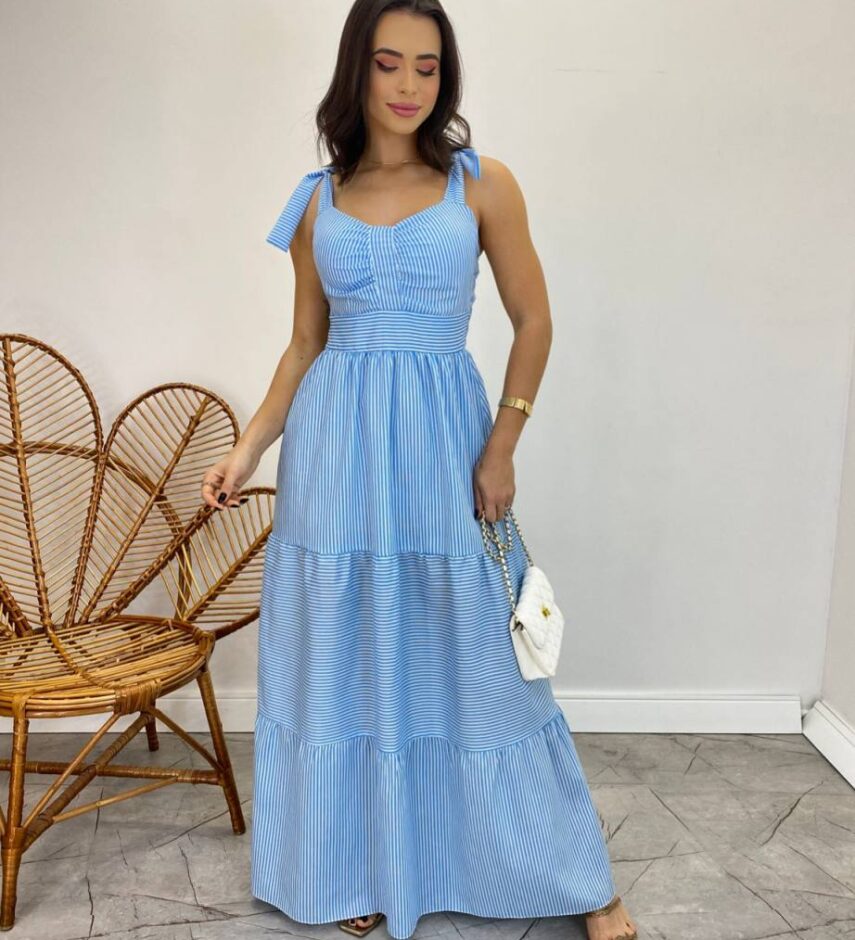 Vestido Longo com Bojo e Amarração nas Alças Listrado Azul - Fernanda Ramos Store