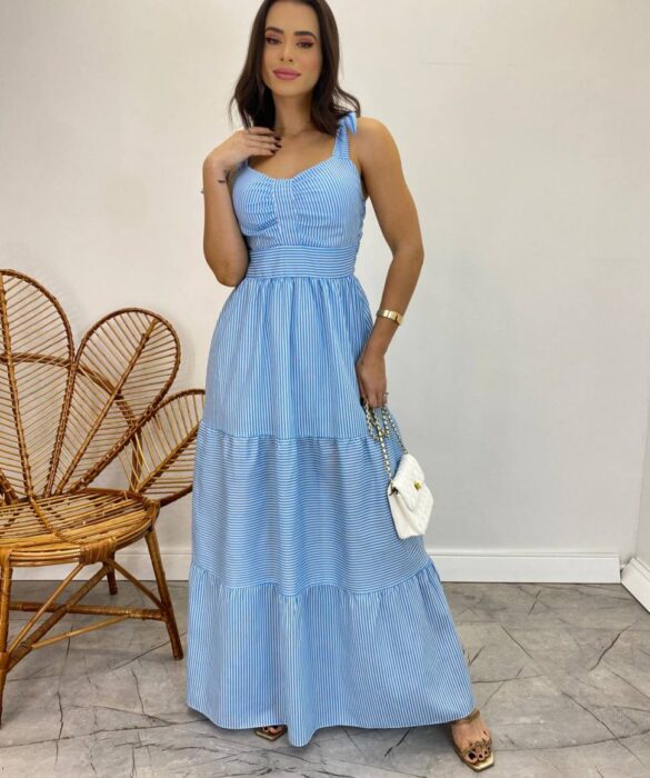 Vestido Longo com Bojo e Amarração nas Alças Listrado Azul - Fernanda Ramos Store