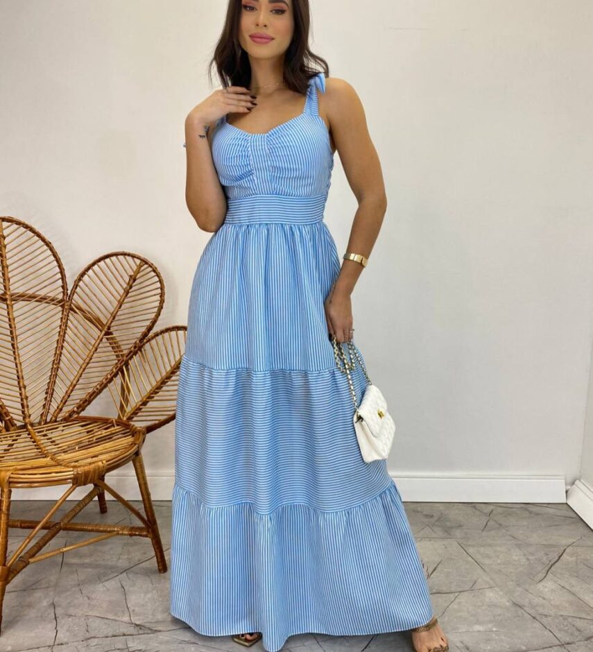Vestido Longo com Bojo e Amarração nas Alças Listrado Azul - Fernanda Ramos Store