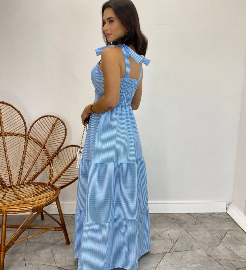 Vestido Longo com Bojo e Amarração nas Alças Listrado Azul - Fernanda Ramos Store