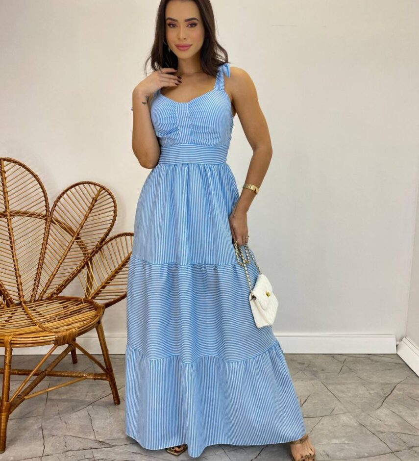Vestido Longo com Bojo e Amarração nas Alças Listrado Azul - Fernanda Ramos Store