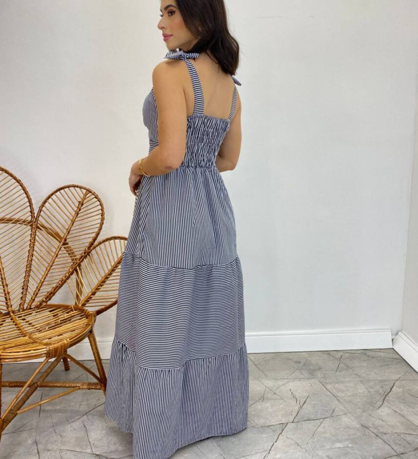 Vestido Longo com Bojo e Amarração nas Alças Listrado Preto - Fernanda Ramos Store