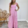 Vestido Longo com Bojo e Amarração nas Alças Listrado Rosa - Fernanda Ramos Store