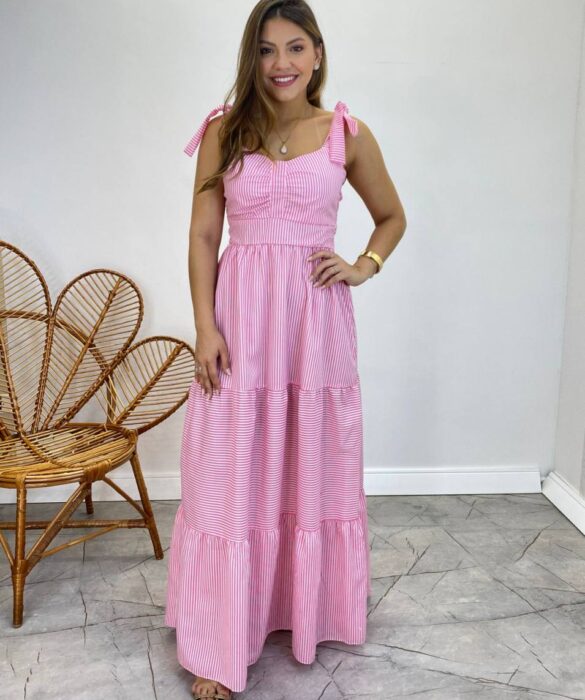 Vestido Longo com Bojo e Amarração nas Alças Listrado Rosa - Fernanda Ramos Store