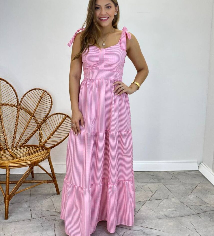 Vestido Longo com Bojo e Amarração nas Alças Listrado Rosa - Fernanda Ramos Store
