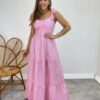 Vestido Longo com Bojo e Amarração nas Alças Listrado Rosa - Fernanda Ramos Store