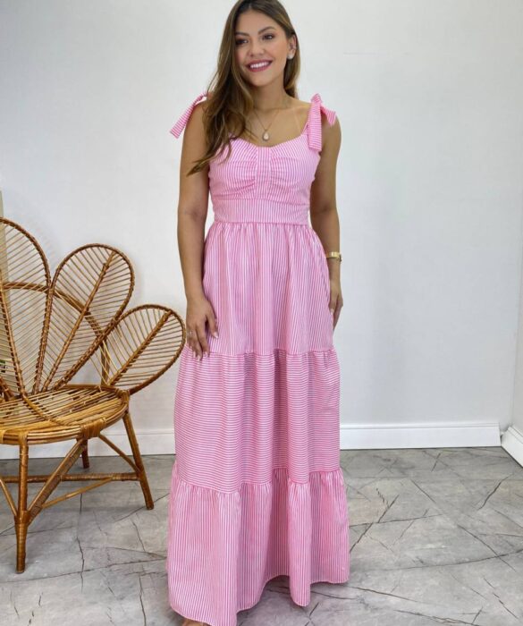 Vestido Longo com Bojo e Amarração nas Alças Listrado Rosa - Fernanda Ramos Store