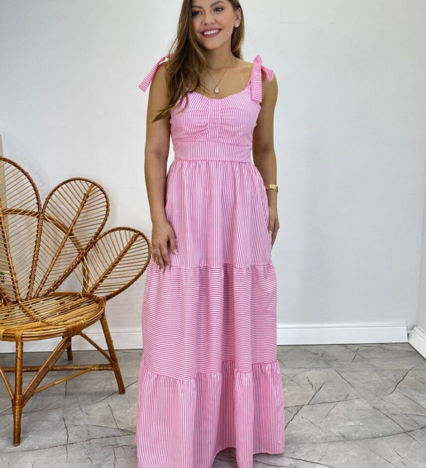 Vestido Longo com Bojo e Amarração nas Alças Listrado Rosa - Fernanda Ramos Store