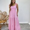 Vestido Longo com Bojo e Amarração nas Alças Listrado Rosa - Fernanda Ramos Store