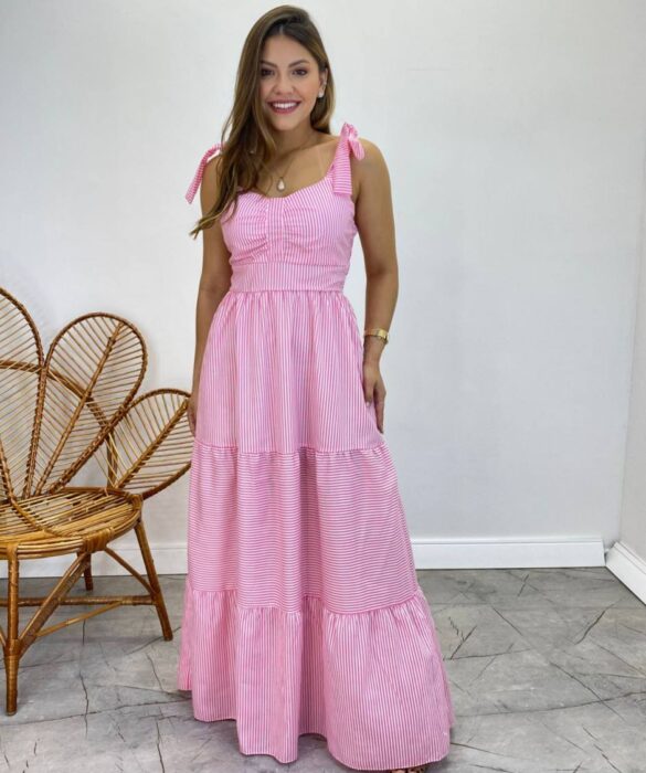 Vestido Longo com Bojo e Amarração nas Alças Listrado Rosa - Fernanda Ramos Store