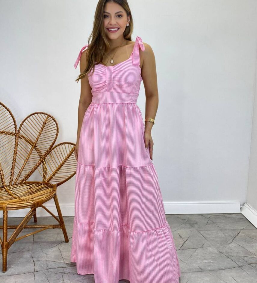 Vestido Longo com Bojo e Amarração nas Alças Listrado Rosa - Fernanda Ramos Store