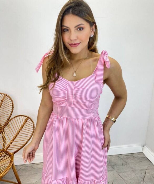 Vestido Longo com Bojo e Amarração nas Alças Listrado Rosa - Fernanda Ramos Store