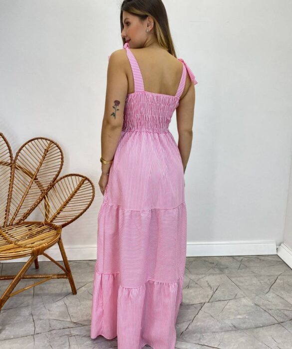 Vestido Longo com Bojo e Amarração nas Alças Listrado Rosa - Fernanda Ramos Store