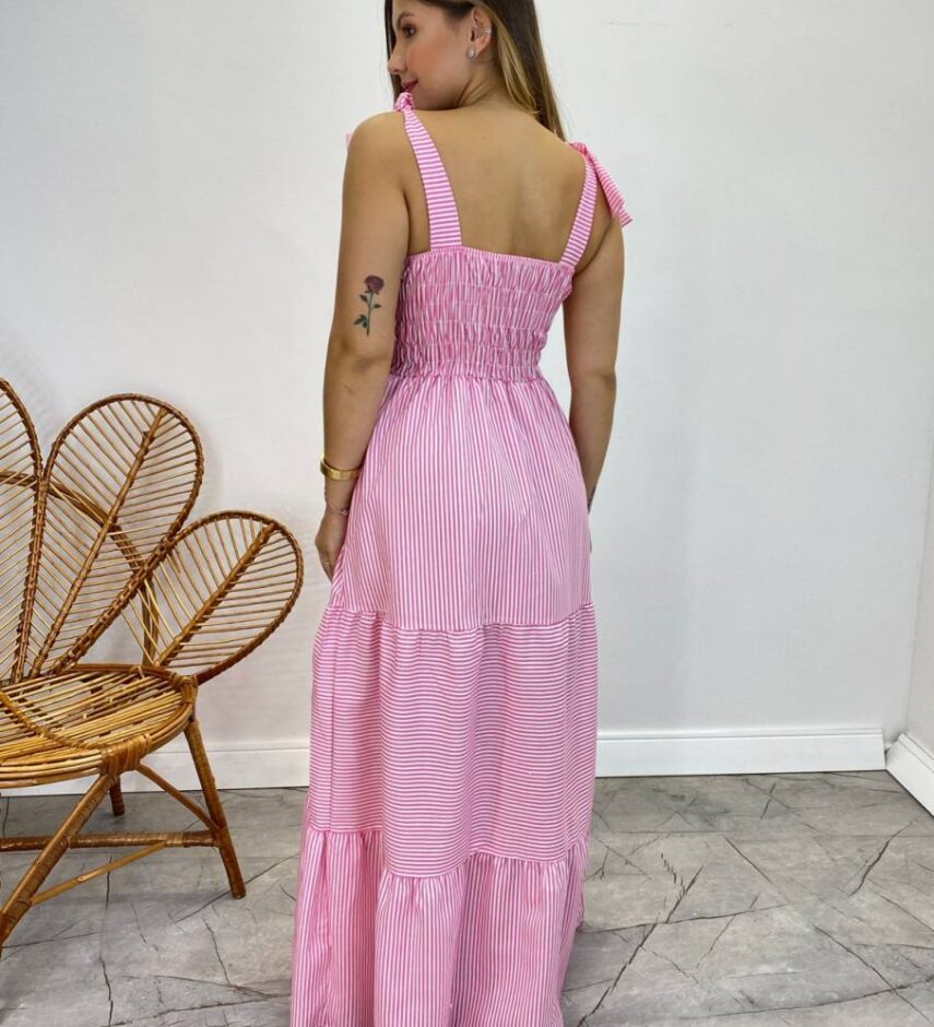 Vestido Longo com Bojo e Amarração nas Alças Listrado Rosa - Fernanda Ramos Store