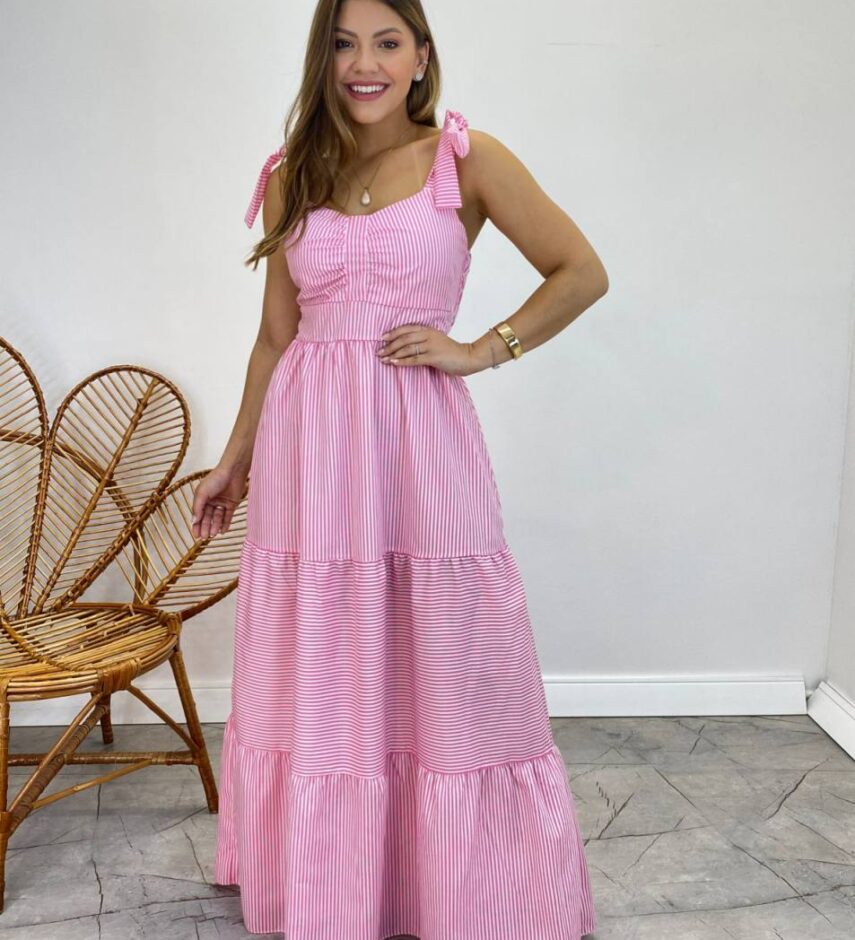 Vestido Longo com Bojo e Amarração nas Alças Listrado Rosa - Fernanda Ramos Store