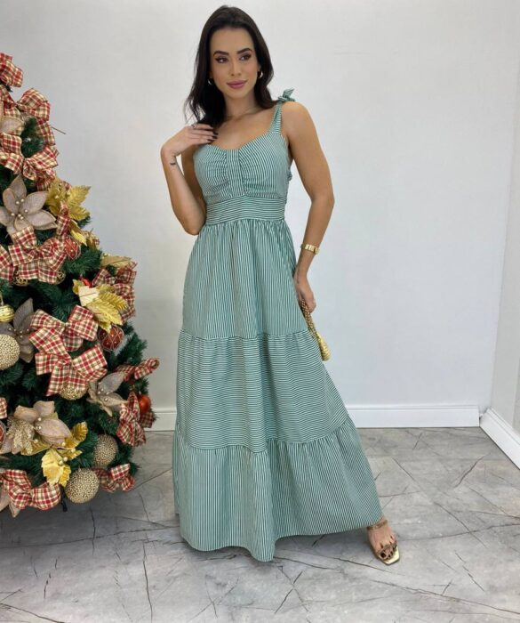 Vestido Longo com Bojo e Amarração nas Alças Listrado Verde - Fernanda Ramos Store