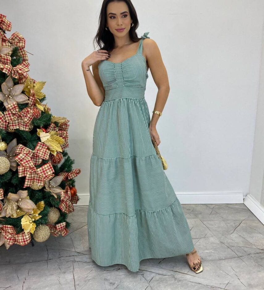 Vestido Longo com Bojo e Amarração nas Alças Listrado Verde - Fernanda Ramos Store
