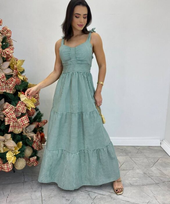 Vestido Longo com Bojo e Amarração nas Alças Listrado Verde - Fernanda Ramos Store