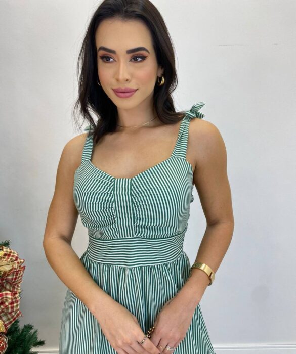 Vestido Longo com Bojo e Amarração nas Alças Listrado Verde - Fernanda Ramos Store