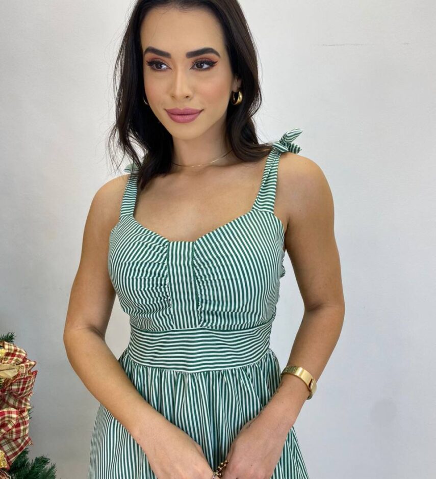Vestido Longo com Bojo e Amarração nas Alças Listrado Verde - Fernanda Ramos Store