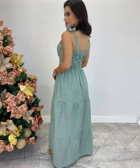 Vestido Longo com Bojo e Amarração nas Alças Listrado Verde - Fernanda Ramos Store