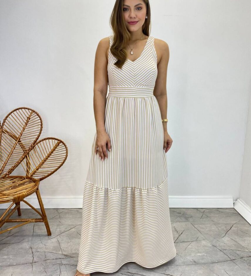 Vestido Longo com Bojo e Lastex Alça Grossa Listrado de Bege - Fernanda Ramos Store