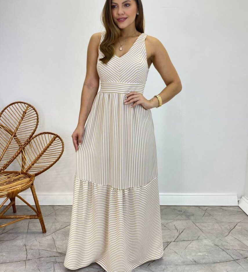 Vestido Longo com Bojo e Lastex Alça Grossa Listrado de Bege - Fernanda Ramos Store