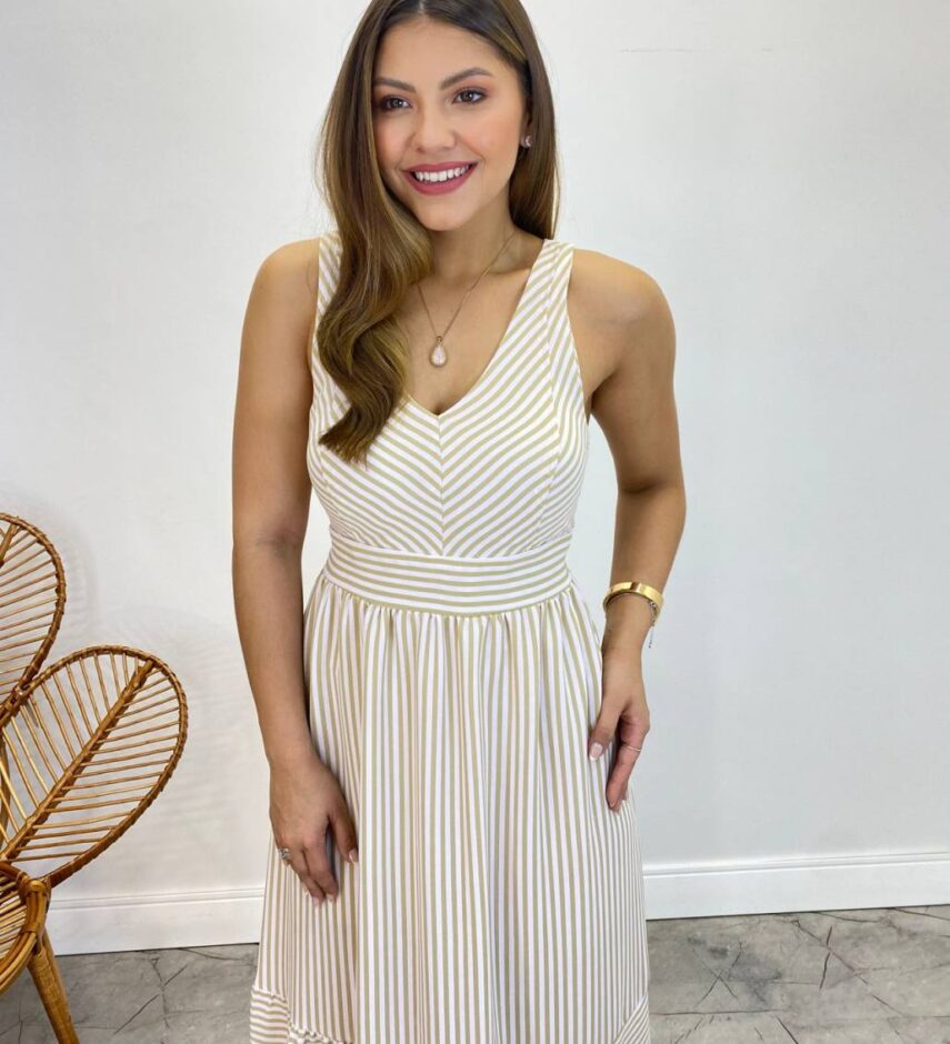Vestido Longo com Bojo e Lastex Alça Grossa Listrado de Bege - Fernanda Ramos Store