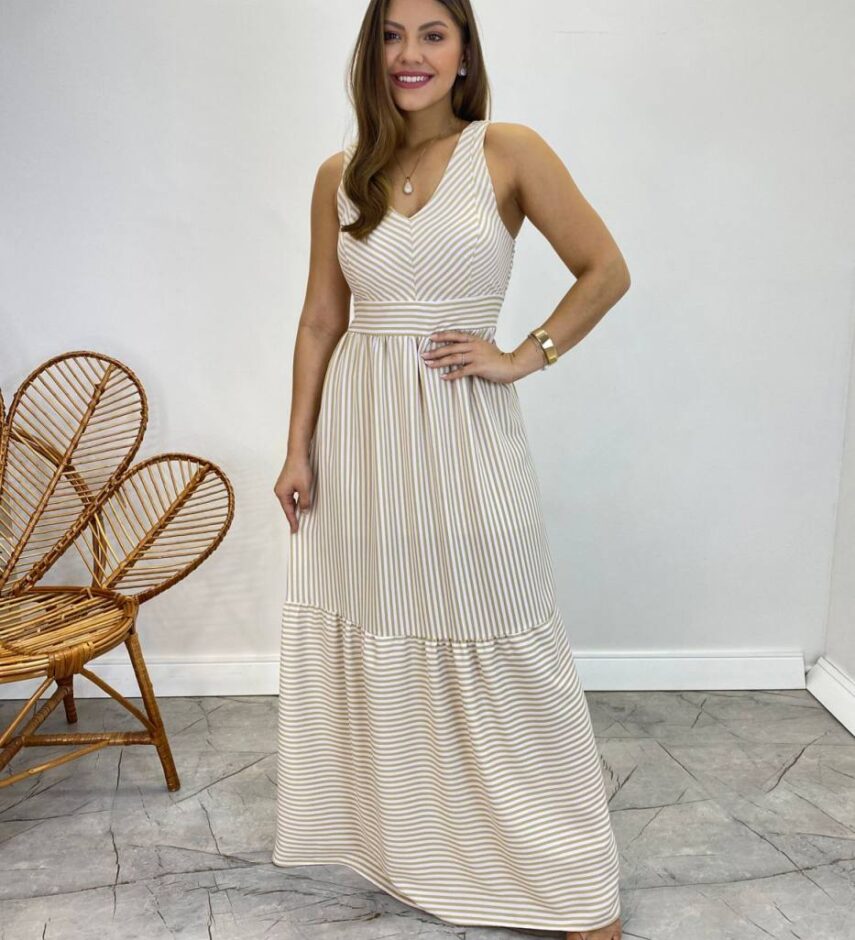 Vestido Longo com Bojo e Lastex Alça Grossa Listrado de Bege - Fernanda Ramos Store