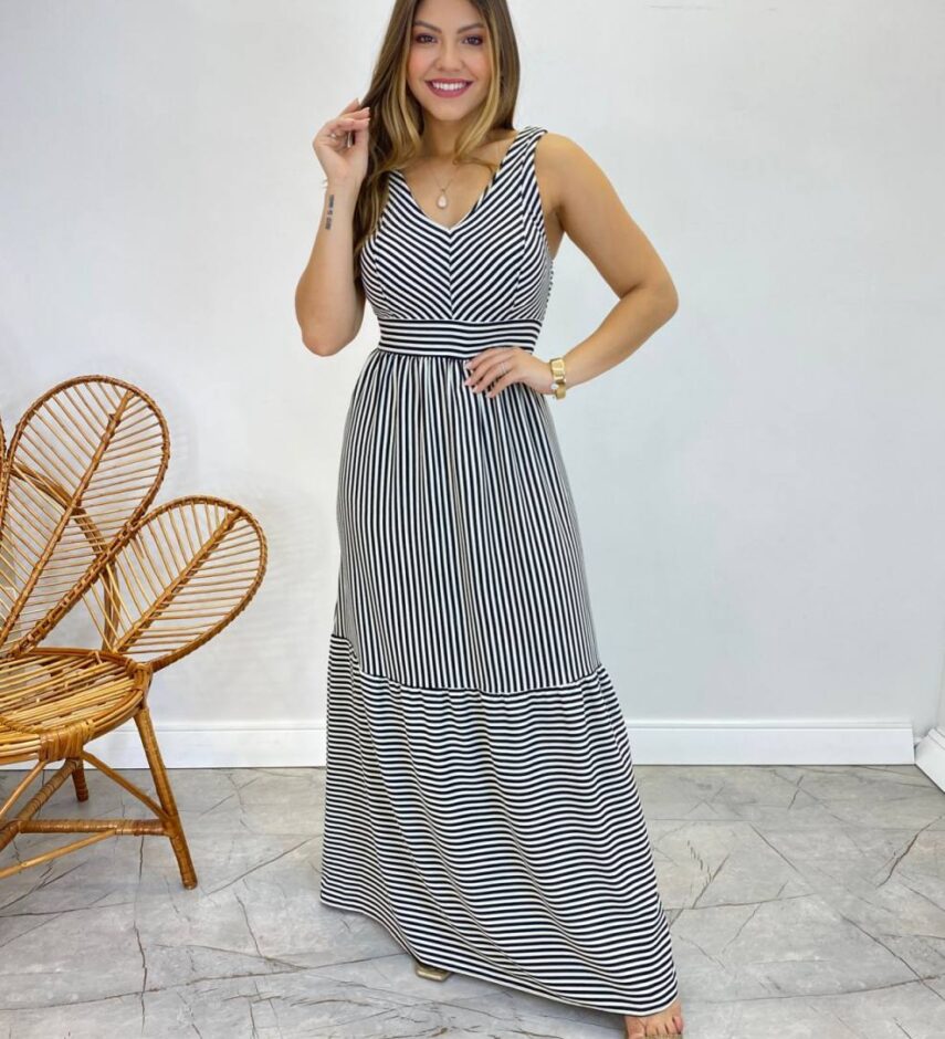 Vestido Longo com Bojo e Lastex Alça Grossa Listrado de Preto - Fernanda Ramos Store