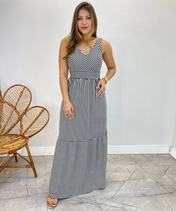 Vestido Longo com Bojo e Lastex Alça Grossa Listrado de Preto - Fernanda Ramos Store