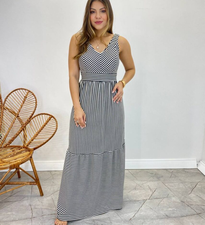 Vestido Longo com Bojo e Lastex Alça Grossa Listrado de Preto - Fernanda Ramos Store