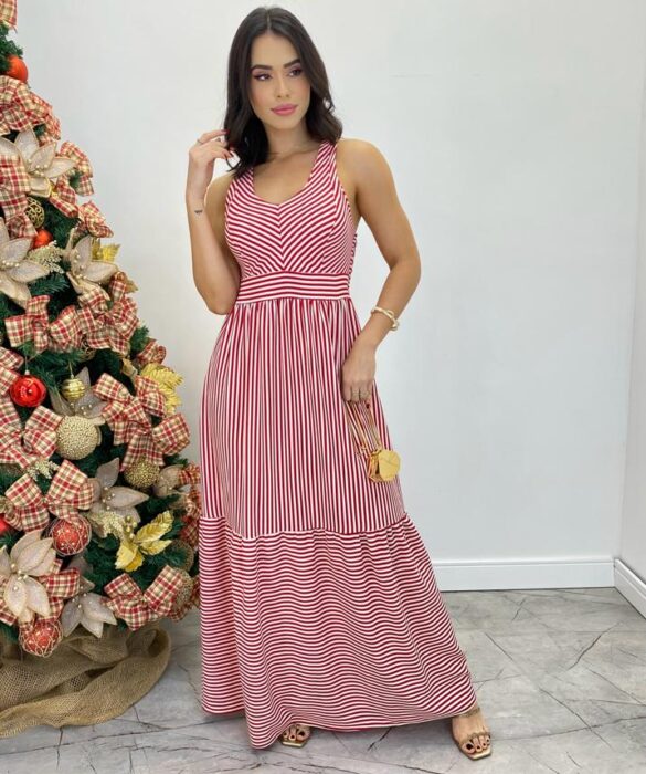 Vestido Longo com Bojo e Lastex Alça Grossa Listrado de Vermelho - Fernanda Ramos Store