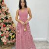 Vestido Longo com Bojo e Lastex Alça Grossa Listrado de Vermelho - Fernanda Ramos Store