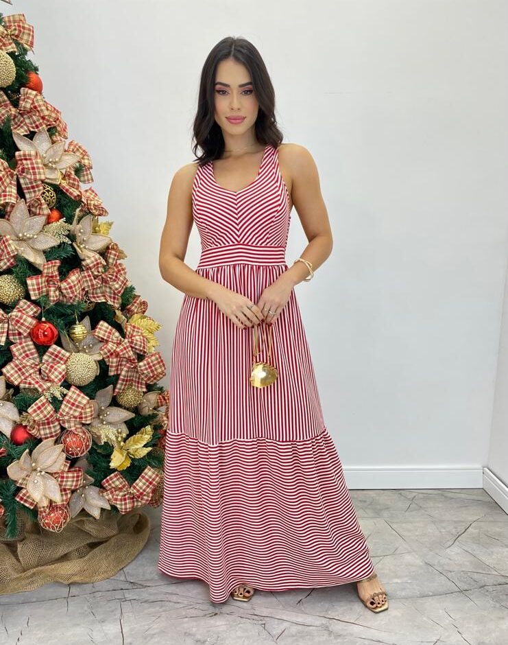 Vestido Longo com Bojo e Lastex Alça Grossa Listrado de Vermelho - Fernanda Ramos Store
