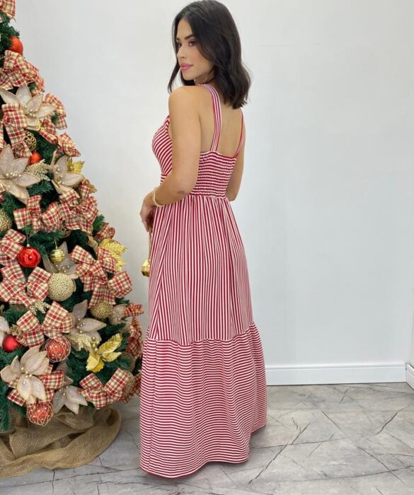 Vestido Longo com Bojo e Lastex Alça Grossa Listrado de Vermelho - Fernanda Ramos Store