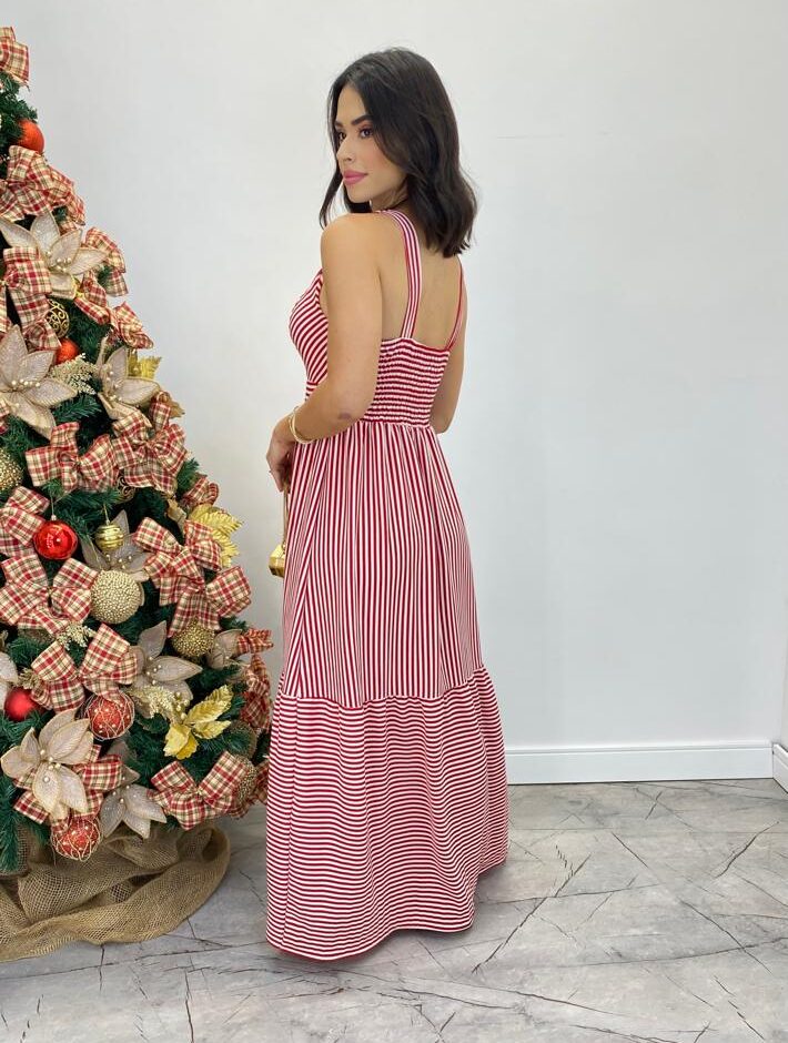 Vestido Longo com Bojo e Lastex Alça Grossa Listrado de Vermelho - Fernanda Ramos Store
