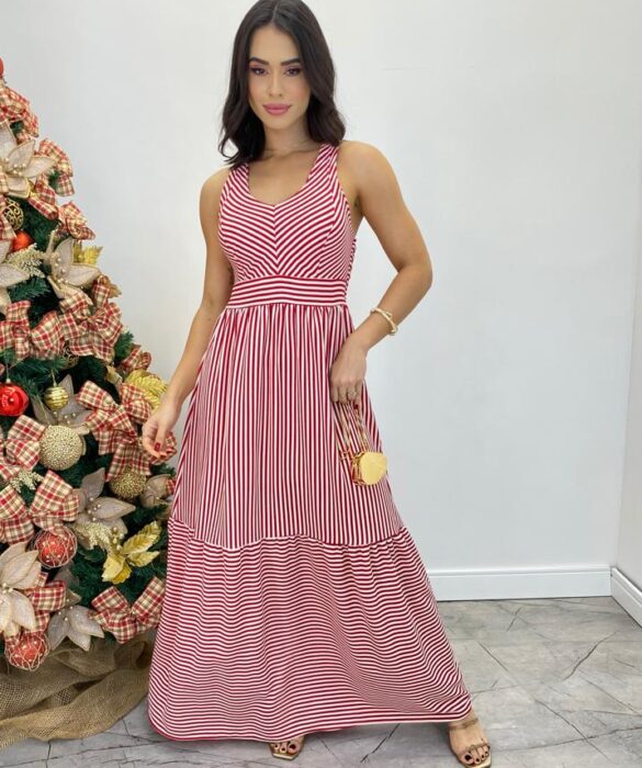 Vestido Longo com Bojo e Lastex Alça Grossa Listrado de Vermelho - Fernanda Ramos Store